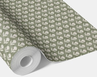 Small Floral Block Print Wallpaper by Meter I Extra Wide Roll I Green/ White I Easy DIY Removable Peel & Stick Option I Kot