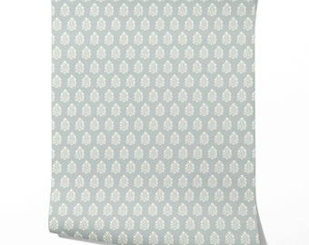 Floral Blockprint Botanical Wallpaper by Meter I Extra Wide Roll I Blue/ Cream I Easy DIY Removable Peel & Stick Option I July Afternoon