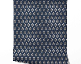 Floral Block Print Botanical Wallpaper by Meter I Extra Wide Roll I Navy Blue/ Beige I Easy DIY Removable Peel & Stick Option I La Mariee
