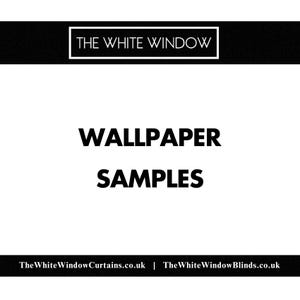 May include: A white background with the text "THE WHITE WINDOW" in a black rectangle at the top. Below, the words "WALLPAPER SAMPLES" are in bold, black letters. At the bottom, the website addresses are displayed.