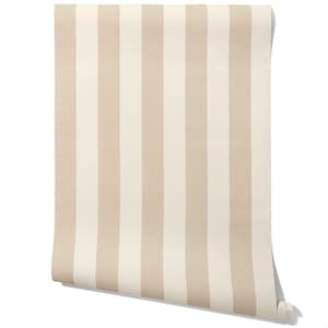 May include: A roll of wallpaper with vertical stripes in alternating beige and cream colors. The stripes are of equal width, creating a classic and clean design. The roll is partially unrolled, showing the pattern.