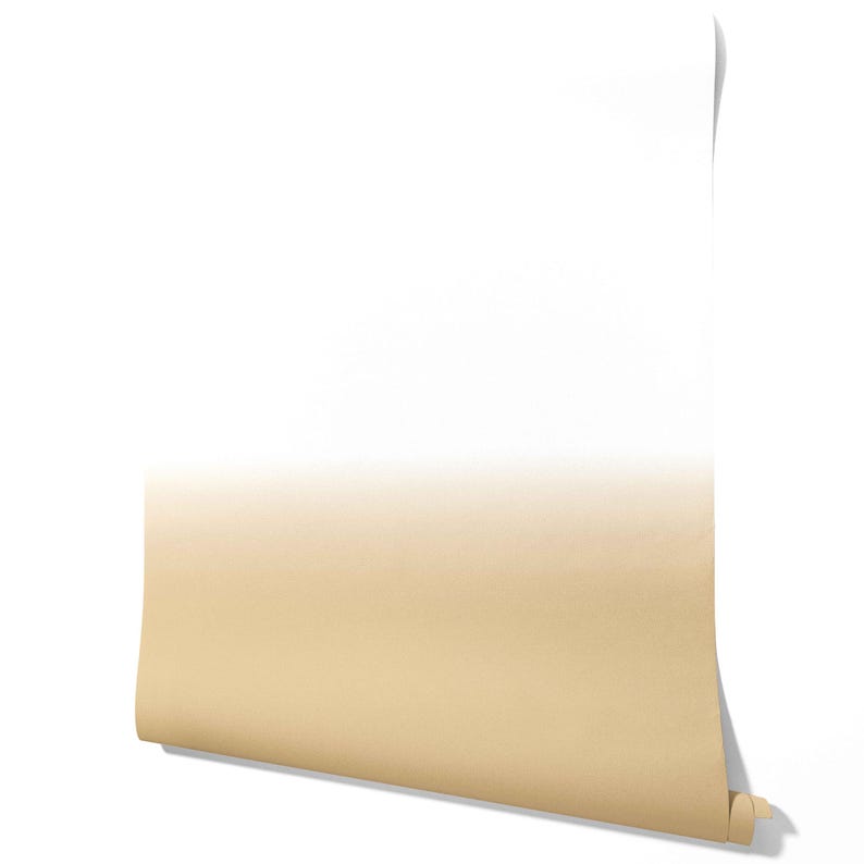 May include: A vertical sheet of paper or wallpaper featuring a smooth color gradient that transitions from a solid white at the top to a light tan or beige hue at the bottom. The material is slightly curled at the lower right corner edge.