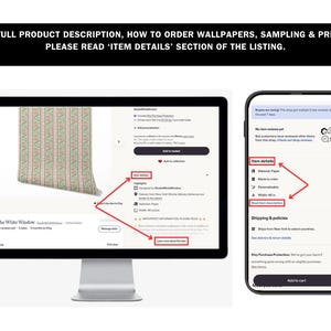 May include: A computer monitor and a smartphone displaying an Etsy product page. The screens show red arrows pointing to the 'Item details' and 'Learn more about this item' sections. Text at the top reads: FOR FULL PRODUCT DESCRIPTION, HOW TO ORDER WALLPAPERS, SAMPLING & PRICES, PLEASE READ 'ITEM DETAILS' SECTION OF THE LISTING.