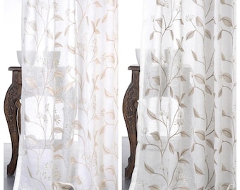 Floral Embroidered Sheer Fabric Curtains. Custom Window Drapes for Living, Bedroom, Dining & Study. Blackout Option. White/ Beige/ Brown