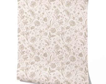 Floral Botanical Patterned Wallpaper by Meter I Extra Wide Roll I Neutral Beige/ Soft Taupe I Easy DIY Removable Peel & Stick Option I Itish