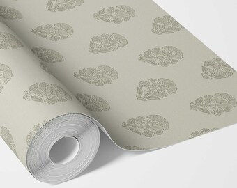 Floral Blockprint Botanical Wallpaper by Meter I Extra Wide Roll I Olive Grey I Easy DIY Removable Peel & Stick Option I February Morn