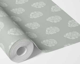 Floral Blockprint Botanical Wallpaper by Meter I Extra Wide Roll I Neutral Grey I Easy DIY Removable Peel & Stick Option I Sunday Afternoon