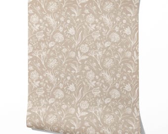 Floral Botanical Patterned Wallpaper by Meter I Extra Wide Roll I Neutral Beige/Brown/Cream I Easy DIY Removable Peel & Stick Option I Lamo