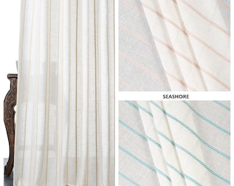 Striped Sheer Curtains. Custom Size Window Drapery. Linen Drapes for Coastal, Country, Modern, Minimalist Decor Living, Kitchen, Bathroom.
