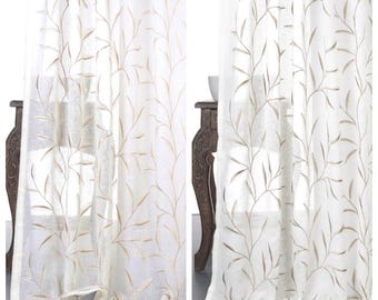 Floral Embroidered Sheer Curtains. Custom Window Drapes for Living, Bedroom, Dining, Kitchen & Study. Blackout Option. White/ Beige/ Brown