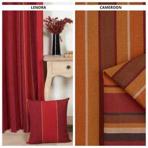 May include: The image showcases two distinct fabric designs. The left side features a red curtain and a matching pillow with vertical stripes. The right side displays a folded fabric with orange, brown, and white vertical stripes. The text "LENORA" and "CAMEROON" are visible.