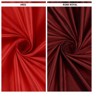 May include: Two fabric swatches: a bright red labelled "ARES" and a deep burgundy labelled "ROBE ROYAL". Both are tightly swirled, highlighting their smooth, lustrous texture and colour variations. The image showcases the fabric's sheen and the text labels.
