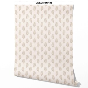 Floral Block Print Botanical Wallpaper by Meter I Extra Wide Roll I Beige I Neutral Non-Pasted Traditional Application I Villa Monnin