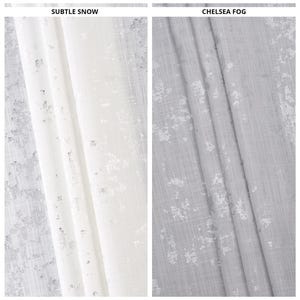 May include: Two fabric samples, labelled "Subtle Snow" and "Chelsea Fog." The "Subtle Snow" sample is white with a textured pattern. The "Chelsea Fog" sample is light grey with a similar textured design. The colour names are displayed above each sample.
