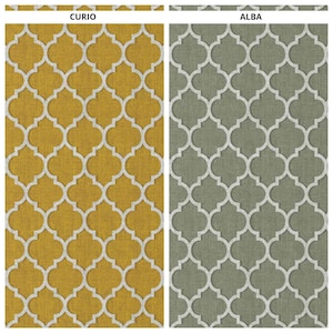 May include: Two fabric samples with a repeating quatrefoil pattern. One sample is mustard yellow with a white overlay, and the other is gray with a white overlay. The word "CURIO" is above the yellow sample, and "ALBA" is above the gray sample.