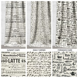 May include: Three fabric panels with different patterns. One panel features coffee-related words like "Latte" and "Espresso." Another has handwritten script. The third panel displays food-related illustrations and words like "Pasta" and "Zucchini."
