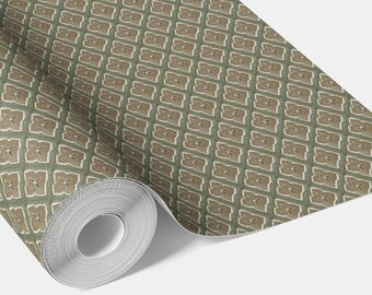 Small Floral Lattice Geometric Wallpaper by Meter I Extra Wide Roll I Olive Green/ Brown I Easy DIY Removable Peel & Stick Option I Regan