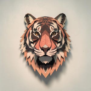 Puede incluir: Una pieza de arte mural de madera en capas con forma de cabeza de tigre, que presenta segmentos geométricos en tonos de madera natural, marrón oscuro y crema. El tigre tiene ojos de color ámbar y un diseño angular multidimensional con bordes definidos.