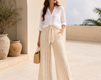 Patroon gehaakte kanten broek, boho-strandbroek met wijde pijpen (pdf-download)