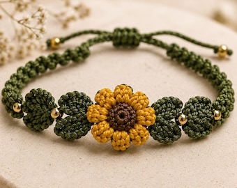 Gehaakte zonnebloemarmbandpatroon pdf, bloemen gehaakte sieraden, verstelbare boho-armband, DIY handgemaakt cadeau