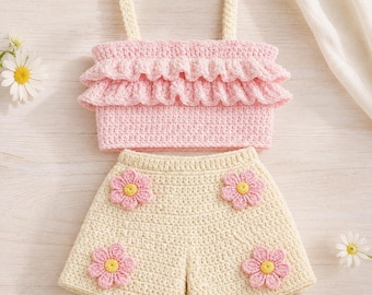 Gehaakt zomersetpatroon baby, short met madeliefje met ruches, pdf voor beginners (digitale download)