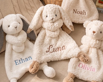 Doudou bébé personnalisé, couverture doudou bébé personnalisée, peluche lapin, ours et chien, cadeau de naissance personnalisé