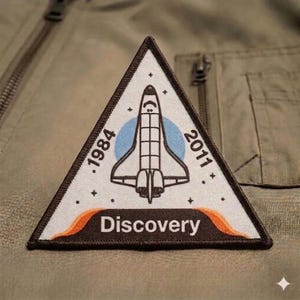 May include: A triangular embroidered patch featuring a white background with a black outline of the Space Shuttle Discovery. The patch includes the text Discovery, the years 1984 and 2011, a light blue circular accent, and orange flame details.