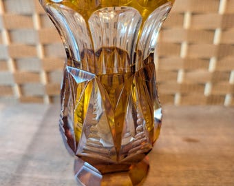 Jarrón decorativo Boho Art Deco de vidrio ámbar grueso y transparente tallado - 5"