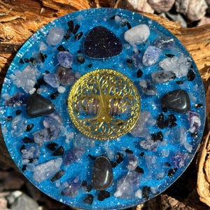 Handmade Orgonite Disc: Tree of Life, Natural Crystals, Copper Energy Healing