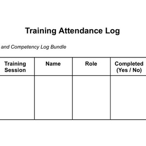 May include: A white document titled "Training Attendance Log" with a table for recording training session details. The table includes columns for date, training session, name, role, completion status, and trainer/facilitator.