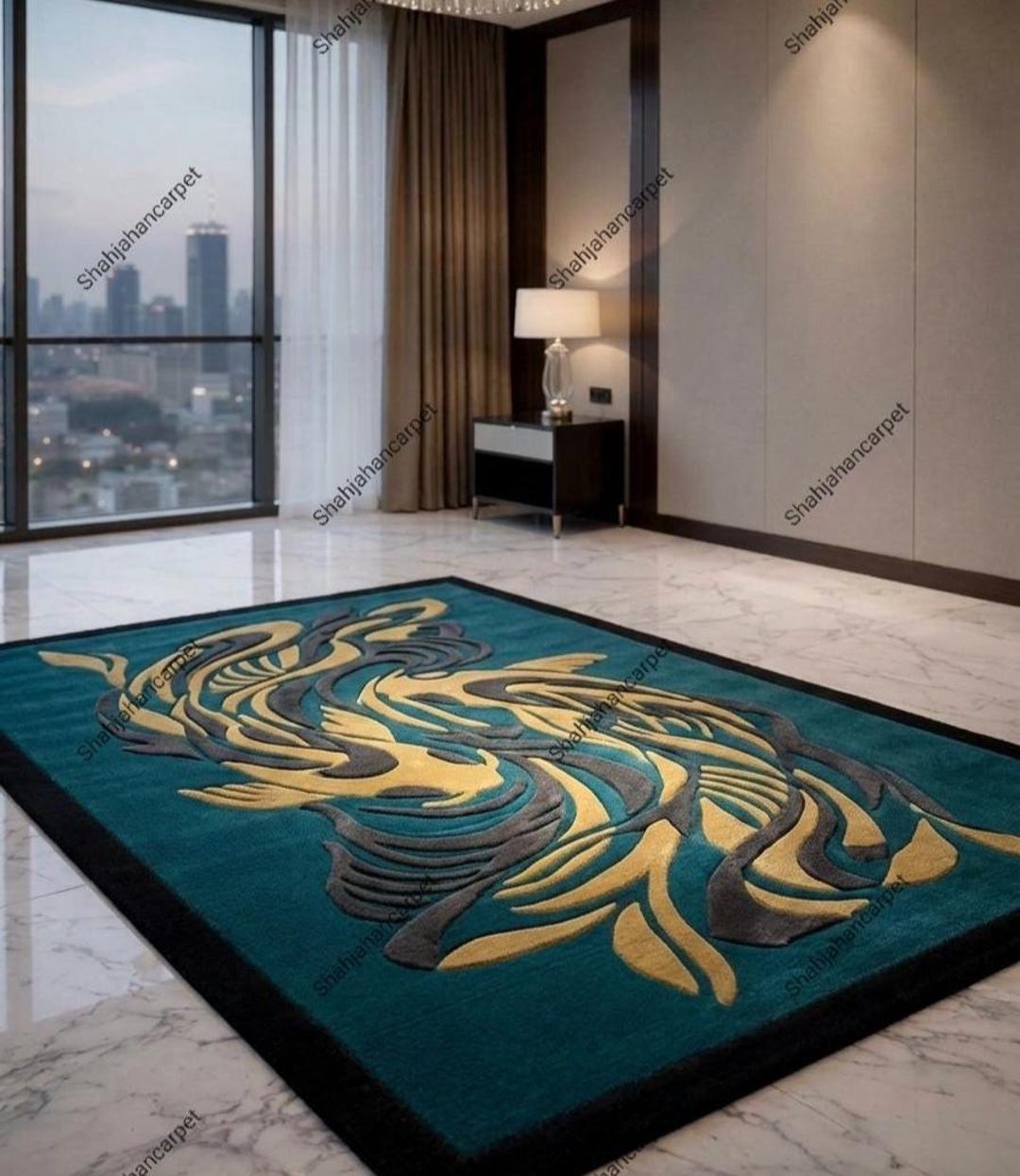 Teal Gold Abstract Hand Tufted Area Rug, Modern Luxury Living Room ...