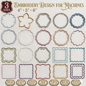 May include: A collection of machine embroidery designs in diverse shapes, such as circles, squares, and ornate frames. The designs are in multiple colours and sizes: 10 cm, 13 cm, and 15 cm. The image includes the text "Embroidery Design for Machines" and file type abbreviations.