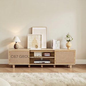 Farmhouse TV Stand for 80 Inch TV, 70 Inch Wood Entertainment Center with Linen Door Storage, Curved Media Console Table