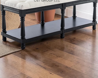 Tufted Storage Entryway Bench with Shoe Rack – Black Wood Window Seat for Hallway, Bedroom