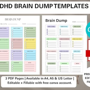 Puede incluir: Plantillas de Brain Dump para TDAH con dos páginas imprimibles. Cada página presenta una sección de "Brain Dump" con indicaciones como "Necesito enviar un correo electrónico", "Necesito llamar" y "Notas". Las plantillas están disponibles en A4, A5 y US Letter.