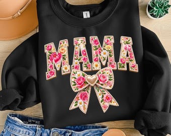 Preppy Mama Png, Mother Day Png, Varsity Mama Bow Png, Mom Png, Gift For Mom, Retro Floral Pearls Mother's Day Png