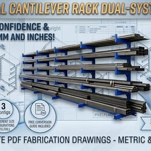 Puede incluir: Planos de sistema dual de estantería cantilever industrial con unidades de estantería metálica azul que sostienen vigas de acero. La imagen incluye planos técnicos, el texto BUILD WITH CONFIDENCE & PRECISION IN MM AND INCHES y tres iconos.