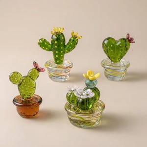 Handgefertigte Glas-Kaktus-Deko, Mini-Glas-Sukkulentenfigur, Tischdekoration mit Topfpflanze, Geschenk für Pflanzenliebhaber, farbenfrohe Regaldekoration