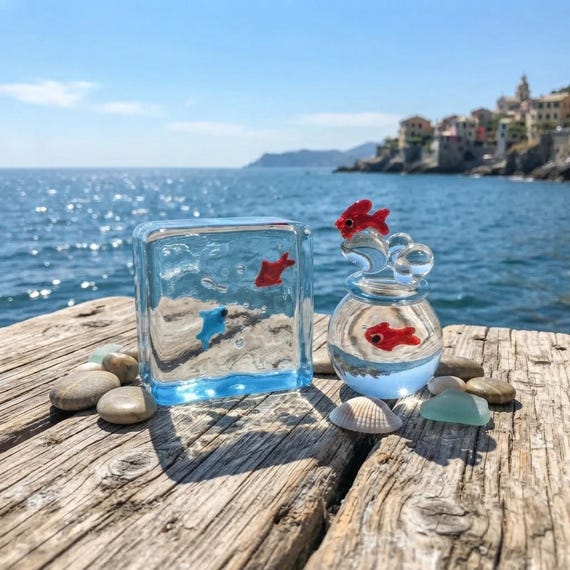 Tiny hand-blown lampwork glass fish with vivid color detail — the kind of miniature sculpture that stops visitors in their tracks.