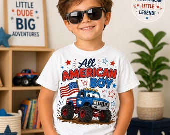 All American Boy Monster Truck PNG, Kids Patriotic 4th July Sublimation Graphic