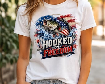 Hooked On Freedom PNG Patriotic Bass Fishing Shirt Design 4th of July Sublimation American Flag Fish Digital Download Outdoorsman Dad Gift