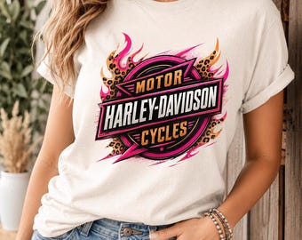 Harley-Davidson Cycles Neon Flames Biker Emblem PNG, Leopard Print Shirt Design (Digital Download)