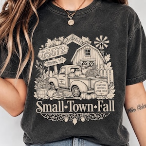 May include: A charcoal gray t-shirt featuring a cream-colored graphic of a vintage pickup truck, a barn, and pumpkins. The text reads 05672, Stowe, VT, Pumpkin Delivery, Pumpkins, Hayrides, Apple Cider, and Small Town Fall with autumn leaves.