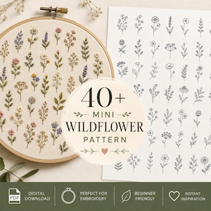 May include: An embroidery hoop containing a fabric piece with various embroidered wildflower designs, alongside a printed sheet featuring over 40 black and white line art wildflower patterns with the text 40+ MINI WILDFLOWER PATTERN.