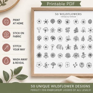 May include: A printable PDF document featuring 50 black and white line art illustrations of various wildflowers. The design includes the text 50 WILDFLOWERS - STICK & STITCH - and instructions for printing, sticking on fabric, stitching, and washing away.