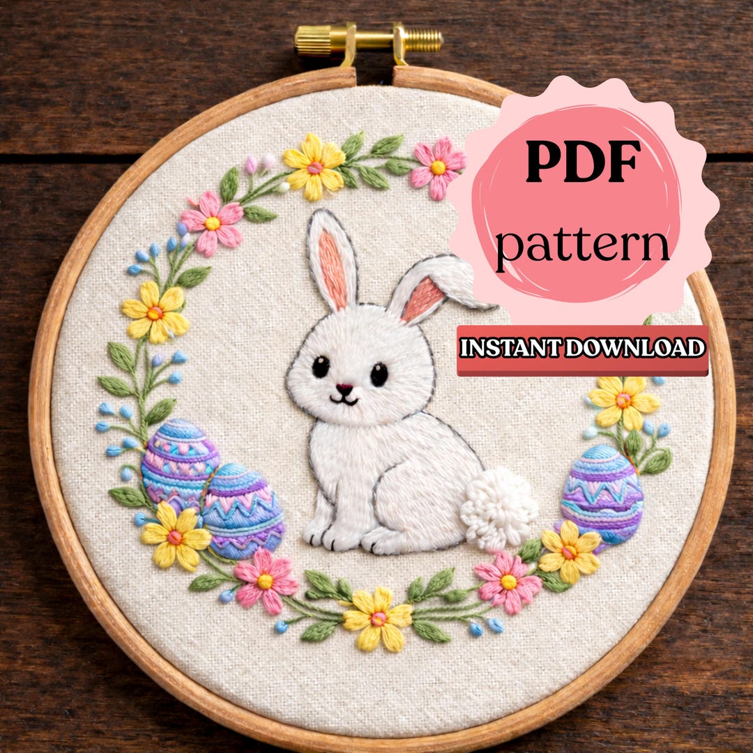 Bunny With Wreath, Easter Embroidery, Hand Embroidery Design, Printable ...