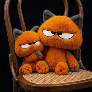 Può includere: Due giocattoli di peluche a forma di gatto arancione con espressioni scontrose seduti su una sedia di legno. I giocattoli hanno orecchie grigie, occhi bianchi e cuscinetti rossi. Il gatto più grande è accanto a una versione più piccola di se stesso.