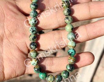 African Turquoise Necklace 8mm Round Beaded | Boho Gemstone Pendant Jewelry | Natural Stone Healing Necklace Gift for Her