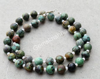 Green Turquoise Necklace, 8mm Round Beads, Green Gemstone Beaded Jewelry, Boho Minimalist Necklace, Gift for Her, Christmas Gift