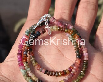 Multi Tourmaline Necklace 3.5mm Faceted Rondelle Beads, Rainbow Gemstone Necklace, Dainty Natural Jewelry, Minimalist Gift for Her
